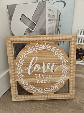 Wooden 'Love Lives Here' Beaded Wall Sign - Natural Wood & White